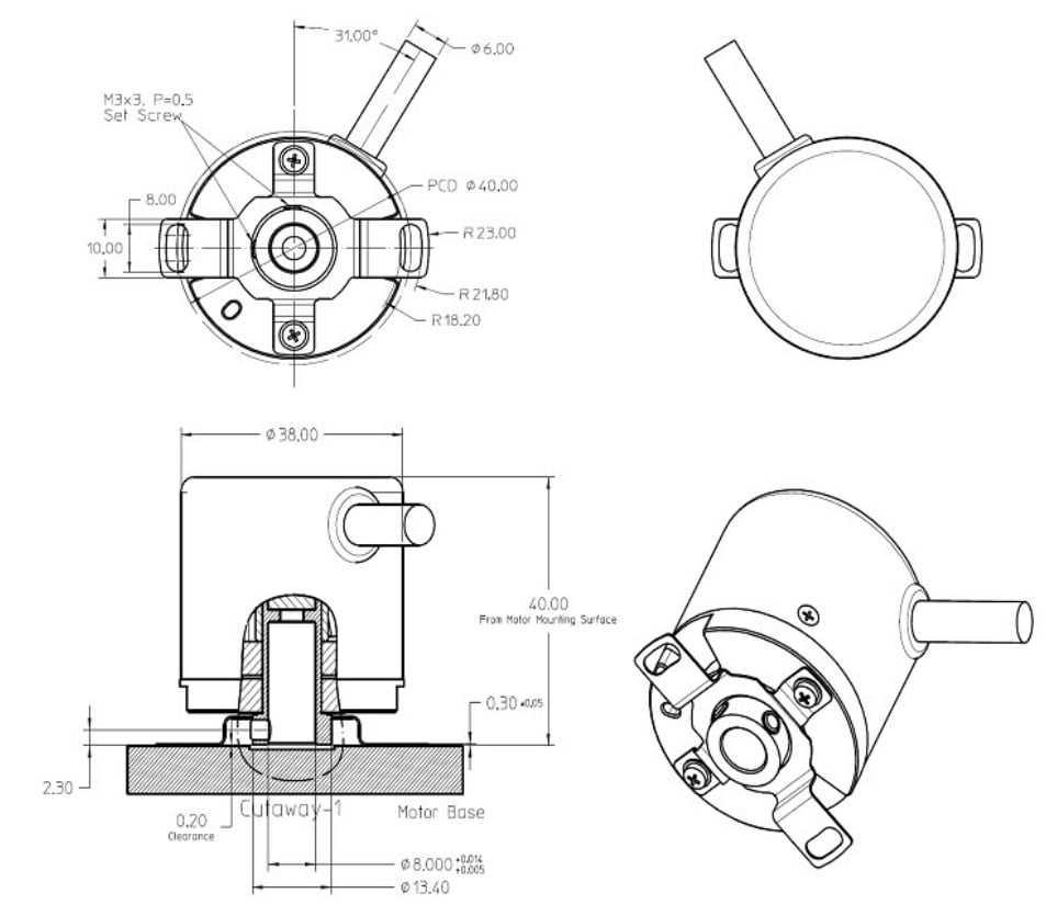 Mechanical Drawing - Broadcom AS38-H39E-Sx Multi-Turn Absolute House Encoder