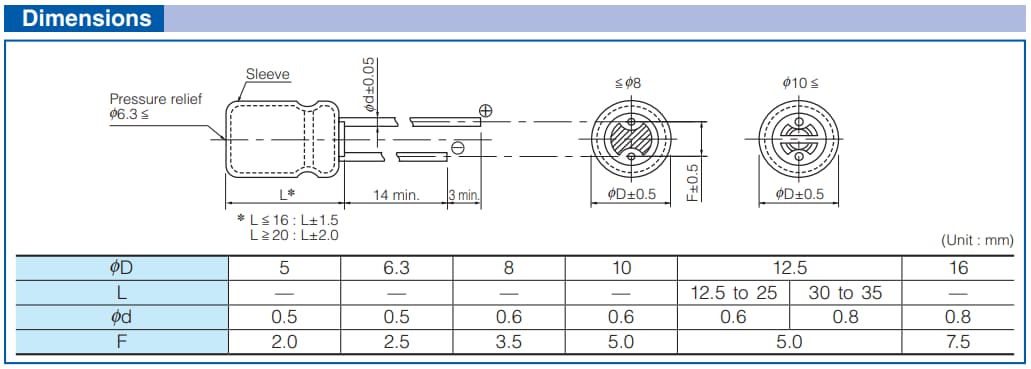 Mechanical Drawing - Panasonic EEU-FR Series Aluminum Electrolytic Capacitors