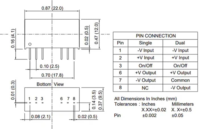 Mechanical Drawing - Cincon EC5SAW 6.6W-10W Isolated DC-DC Converters