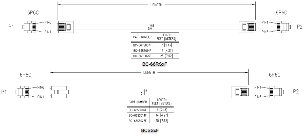 Mechanical Drawing - Bel BC-66 RJ12 Patchcord Cables