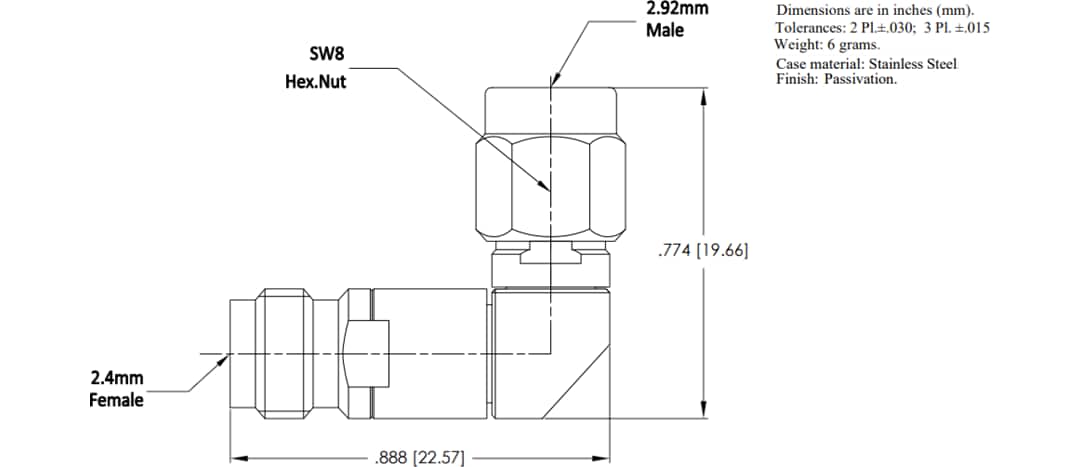 Mechanical Drawing - Mini-Circuits KMR-24F+ Right-Angle Coaxial Adapter