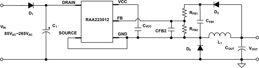 Application Circuit Diagram - Renesas Electronics RAA223012 700V Non-Isolated AC-DC Buck Regulator