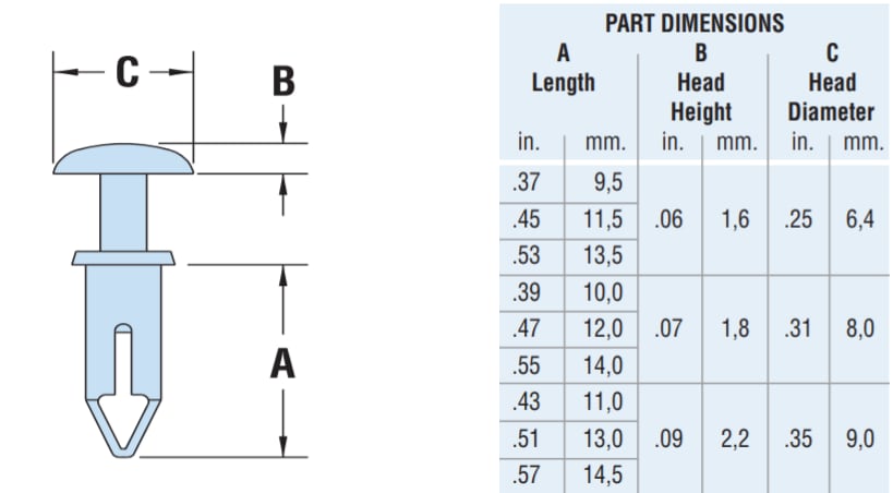Mechanical Drawing - Heyco HEYClip™ Push Rivet-Arrows