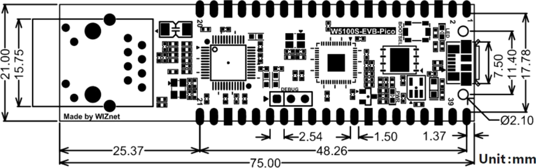 Mechanical Drawing - WIZnet W5100S-EVB-Pico Evaluation Board