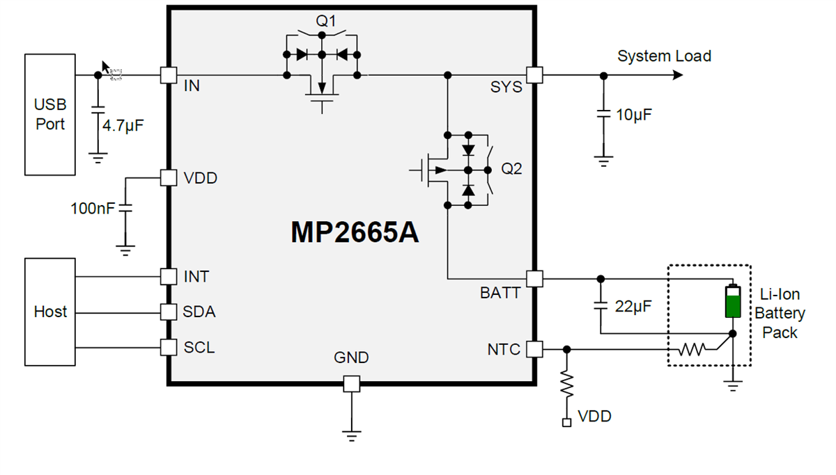 Application Circuit Diagram - Monolithic Power Systems (MPS) MP2665A Single-Cell Li-Ion Charger