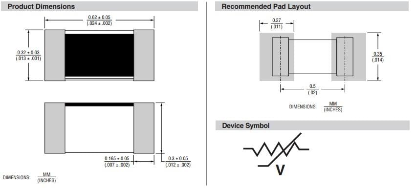 Mechanical Drawing - Bourns ChipGuard® CG0201MLU Series ESD Protectors