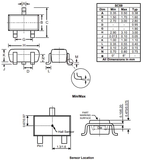 Mechanical Drawing - Diodes Incorporated AH49FQ Hall Effect Sensor