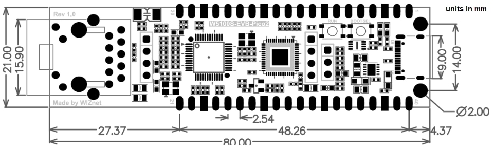 Mechanical Drawing - WIZnet W5100S/W6100-EVB-Pico2 Evaluation Boards