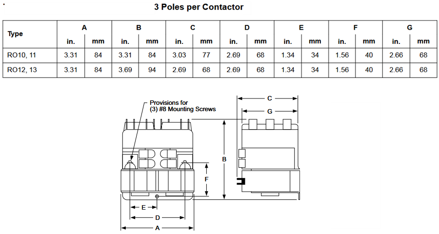 Mechanical Drawing - Square D 8965 Definite-Purpose Reversing/Hoist Contactors
