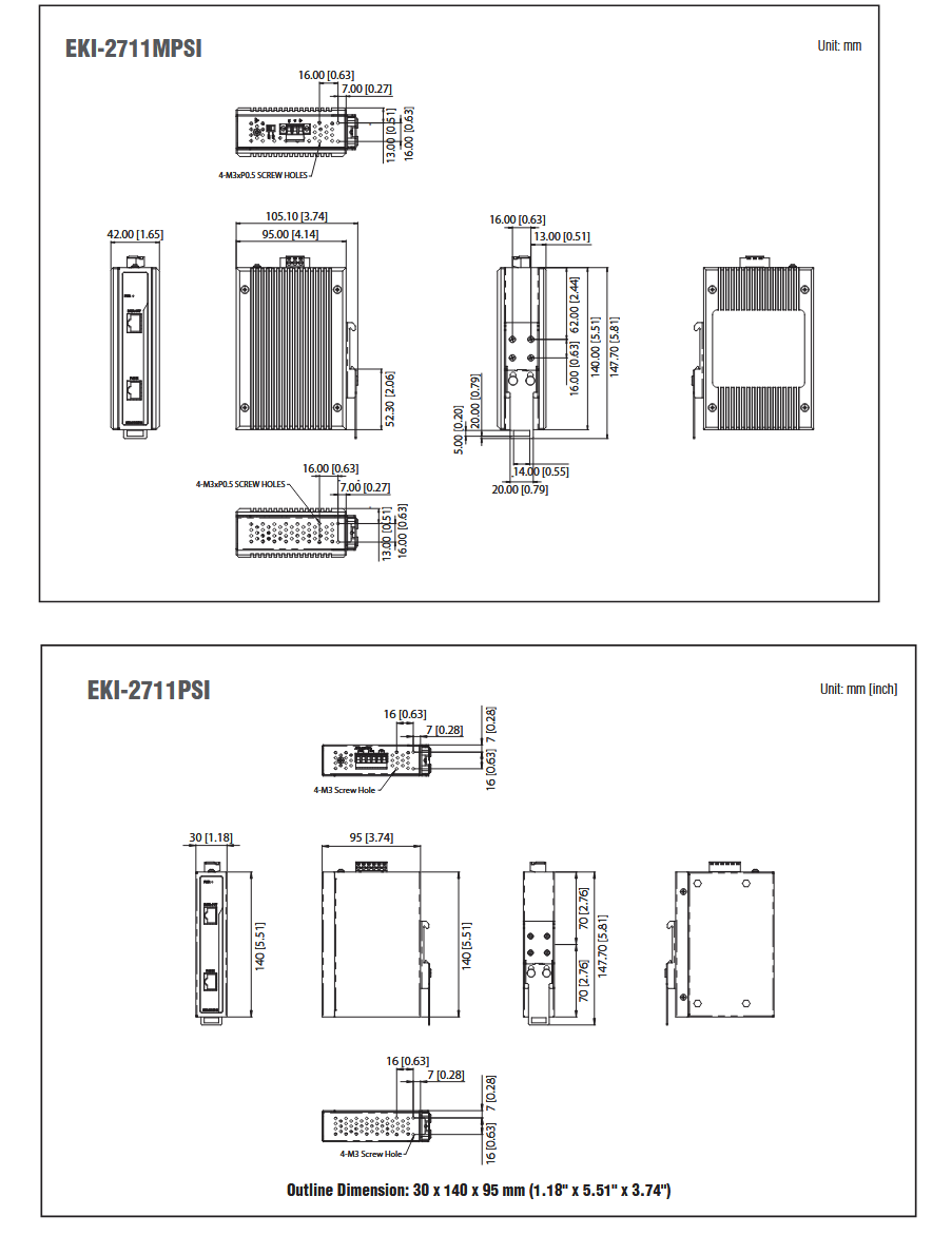Mechanical Drawing - Advantech EKI-2711MPSI & EKI-2711PSI PoE Splitters