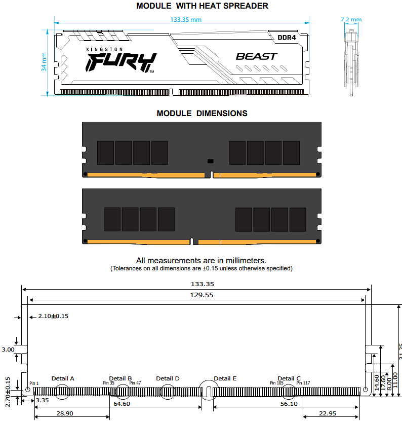 Mechanical Drawing - Kingston FURY Beast DDR4 Memory Modules