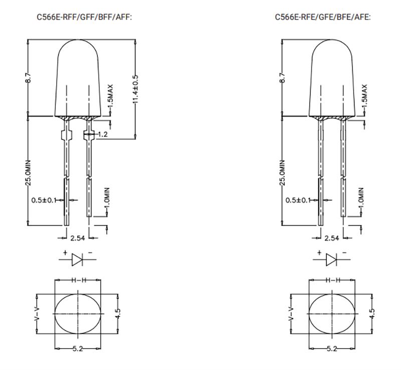 Mechanical Drawing - Cree LED C566E Screen Master® 5mm Oval Single-Color LEDs