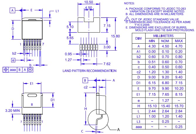 Mechanical Drawing - onsemi NVBG050N170M1 Silicon Carbide (SiC) MOSFET