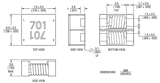 Mechanical Drawing - Bourns SRF7038A Automotive Common Mode Chokes