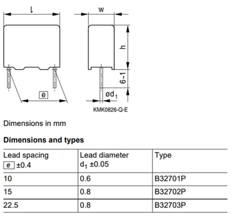Mechanical Drawing - EPCOS / TDK B3270xP Metallized Film Capacitors
