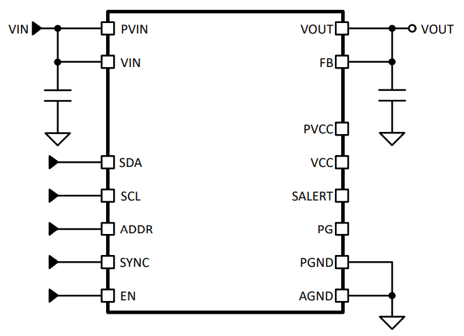 Application Circuit Diagram - Microchip Technology MCPF1412 16V, 12A Switching Buck Regulator Module