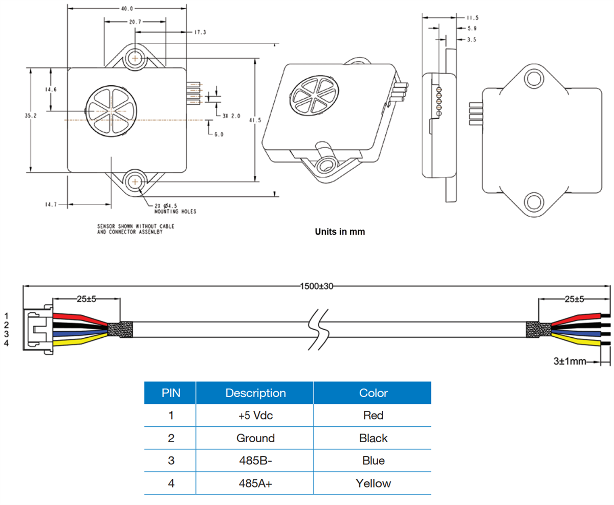 Mechanical Drawing - Amphenol Advanced Sensors T3400 A2L Refrigerant Detection Sensors & Eval Kit