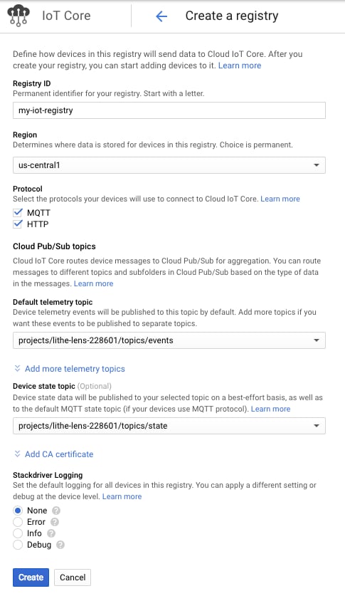 IoT Core Registry Settings
