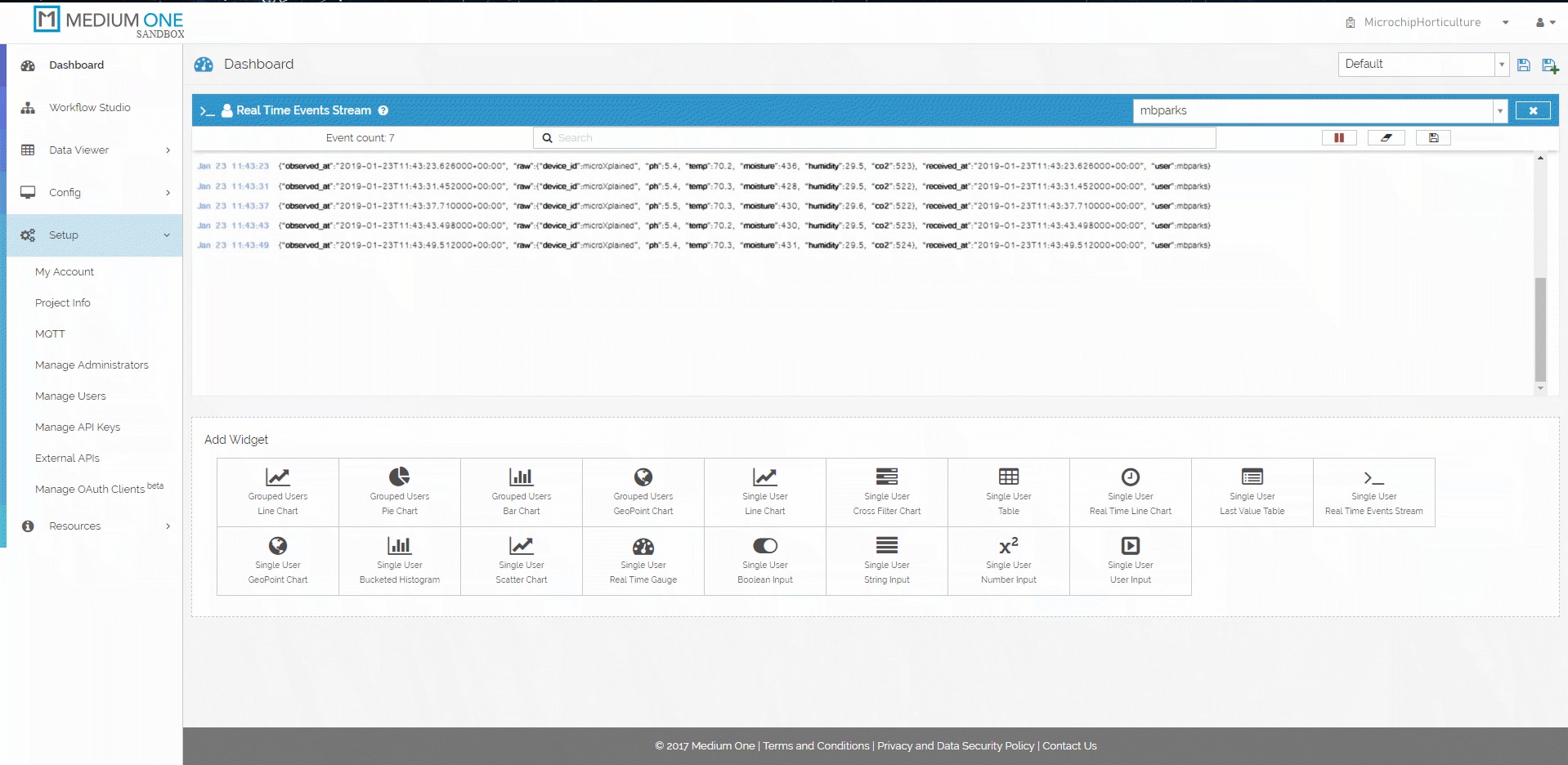 In the Medium One sandbox, notice the data coming into the
            dashboard in the center. Passwords and API keys are accessible from the left-hand navigation bar