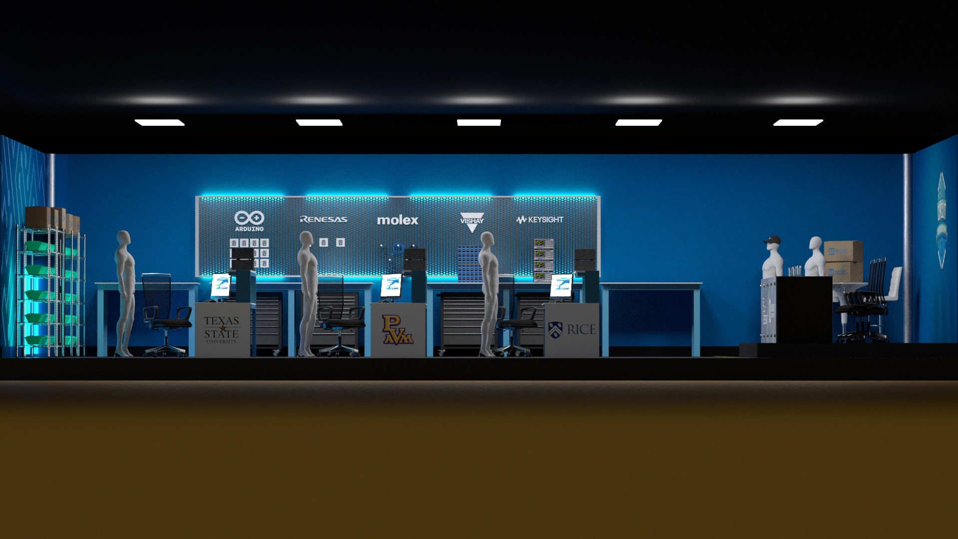 Wide angle view of 3D model of a high-tech lab featuring blue walls, branded logos, and simulated engineering setups for the Circuit Showdown series