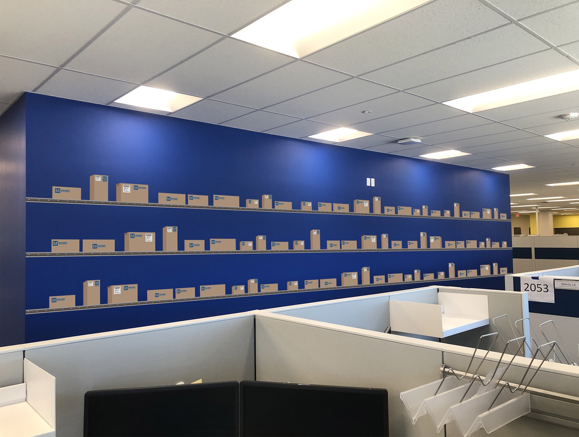 Decal of cardboard boxes on 3 stacked conveyor belts