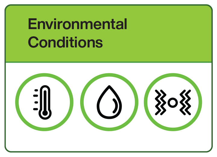 Green Environmental Conditions card with 3 icons within all in green circles, starting left to right: Temperature, •	Moisture, and vibration